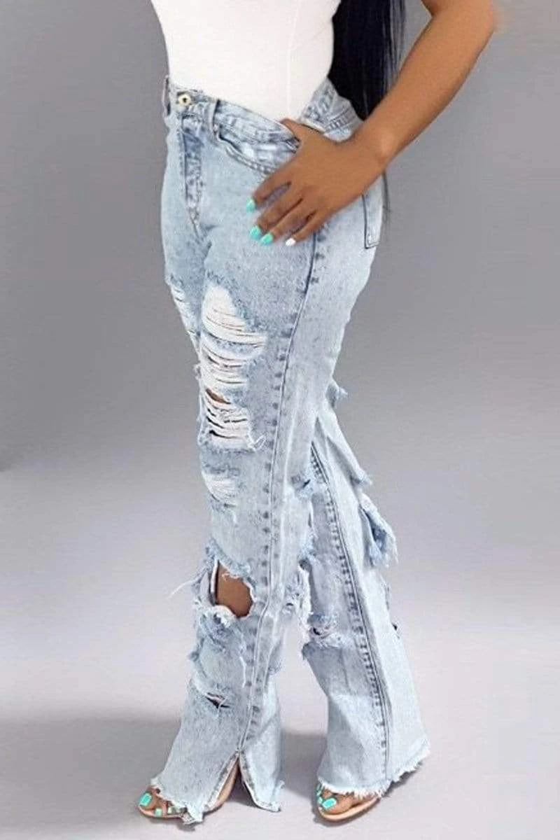 Hole Distressed Denim Slit Jeans 4 Hole Distressed Denim Slit Jeans - Image 4