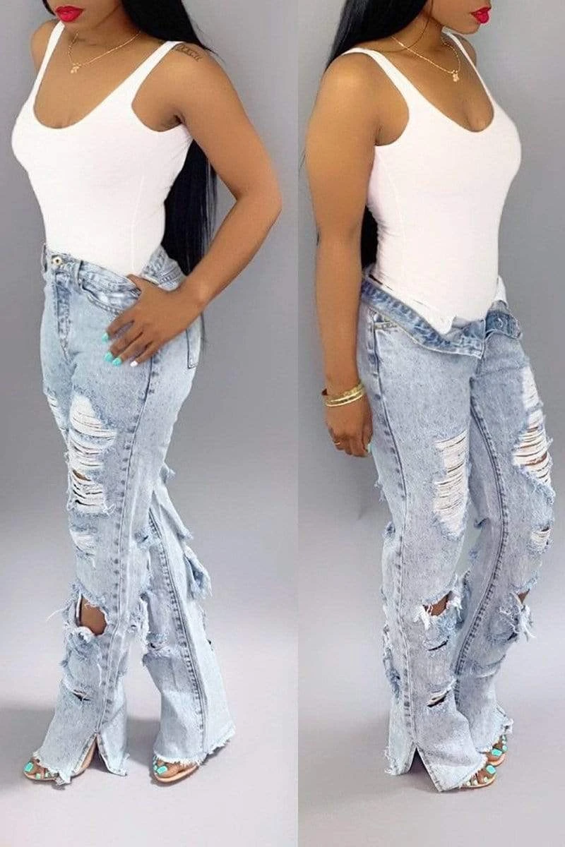 Hole Distressed Denim Slit Jeans 5 Hole Distressed Denim Slit Jeans - Image 5