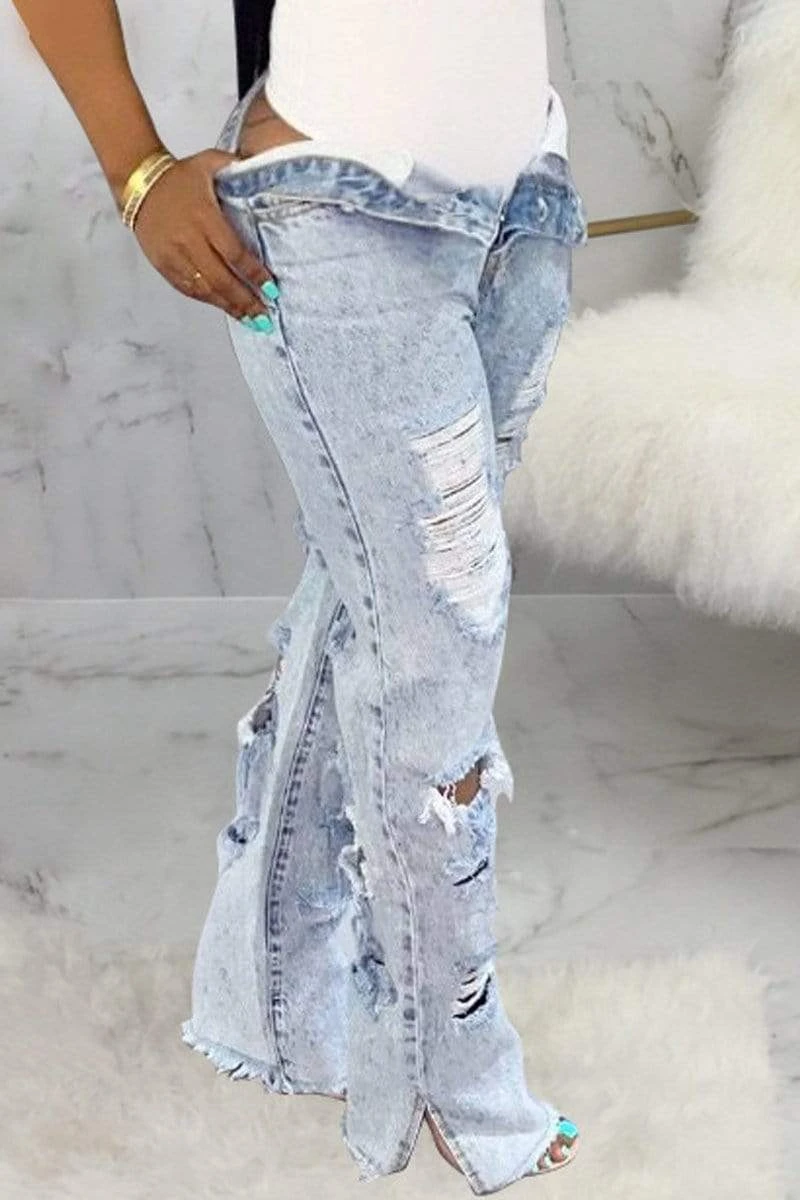 Hole Distressed Denim Slit Jeans 2 Hole Distressed Denim Slit Jeans - Image 2