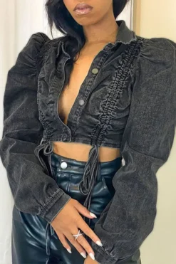 Solid Color Unique Drawstring Denim Jacket -Prettytina 44a5714276c158bfa678b9d471994daa