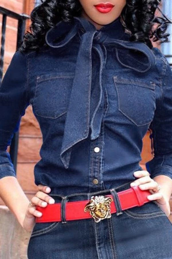 Bow-Neck Button Pocket Fashion Denim Blouse 1 Bow-Neck Button Pocket Fashion Denim Blouse
