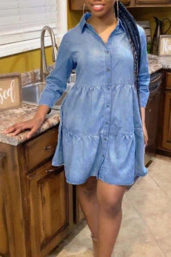 Solid Color Denim Mini Dress 5 Solid Color Denim Mini Dress -Prettytina C20071622 2