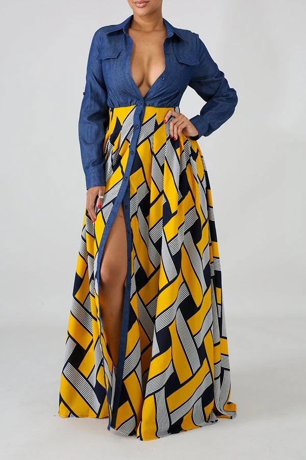 Demin Patchwork Stylish Single Breasted Maxi Dress 2 Demin Patchwork Stylish Single Breasted Maxi Dress - Image 2