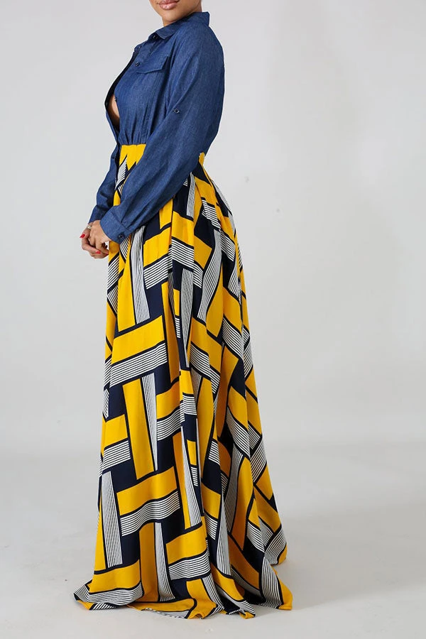 Demin Patchwork Stylish Single Breasted Maxi Dress 3 Demin Patchwork Stylish Single Breasted Maxi Dress - Image 3