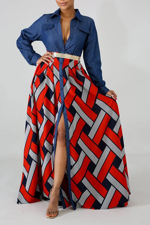 Demin Patchwork Stylish Single Breasted Maxi Dress 4 Demin Patchwork Stylish Single Breasted Maxi Dress - Image 4