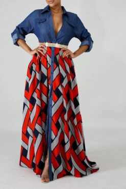 Demin Patchwork Stylish Single Breasted Maxi Dress 10 Demin Patchwork Stylish Single Breasted Maxi Dress -Prettytina C21012115 4