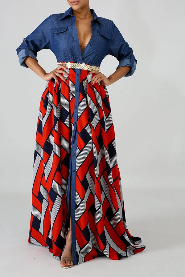 Demin Patchwork Stylish Single Breasted Maxi Dress 5 Demin Patchwork Stylish Single Breasted Maxi Dress - Image 5