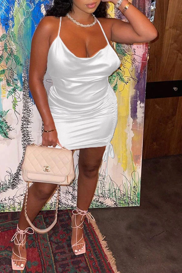 Solid Color Pretty Spaghetti Strap Drawstring Mini Dress 2 Solid Color Pretty Spaghetti Strap Drawstring Mini Dress - Image 2