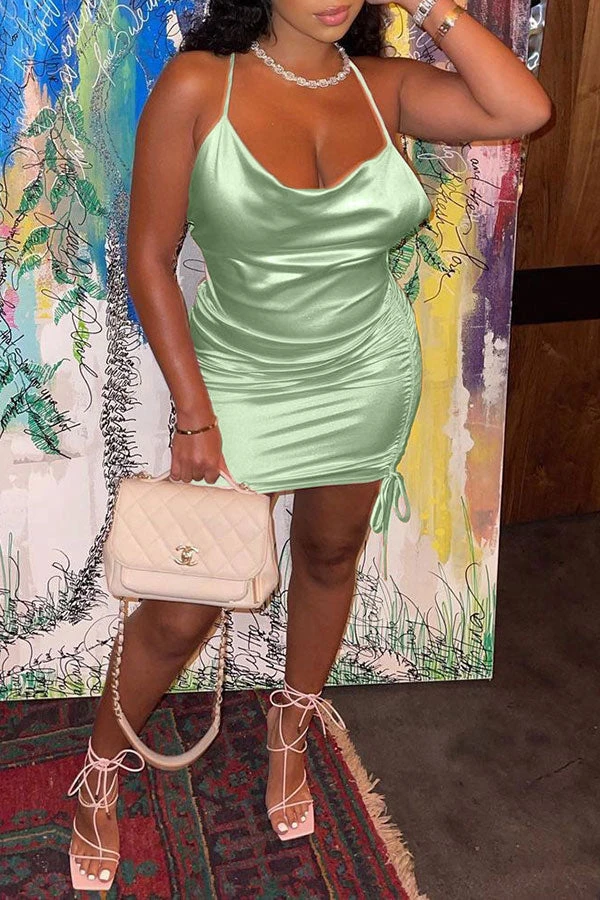 Solid Color Pretty Spaghetti Strap Drawstring Mini Dress 3 Solid Color Pretty Spaghetti Strap Drawstring Mini Dress - Image 3