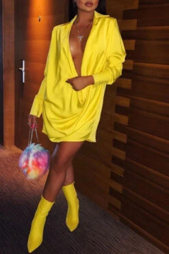 Ruched Solid Color Party Deep V Neck Mini Dress