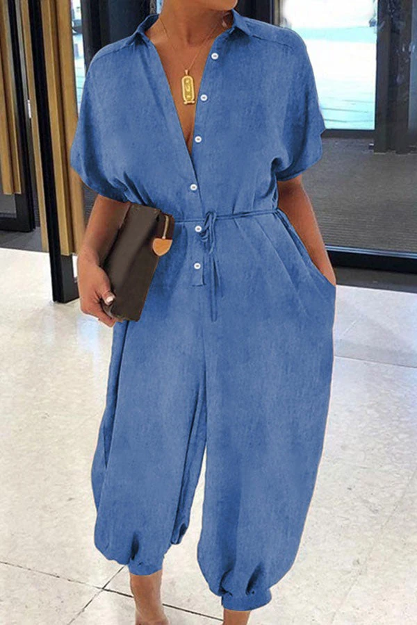 Solid Color Boyish Single Breasted Demin Jumpsuit 1 Solid Color Boyish Single Breasted Demin Jumpsuit