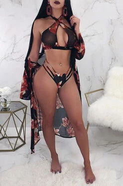 Floral Print Pretty Beach Three Pieces Swimwear -Prettytina C21033120 3