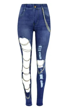 Blue Stylish Cutout Jeans With Chains -Prettytina C21040812 2