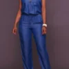 Solid Color Boyish Sleeveless Denim Jumpsuit