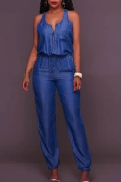 Solid Color Boyish Sleeveless Denim Jumpsuit