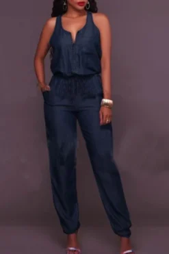 Solid Color Boyish Sleeveless Denim Jumpsuit -Prettytina C21041313 2