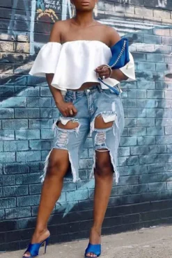 Blue Stylish Denim Multi-Length Ripped Shorts