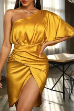 Solid Color Slash Neck Elegant Irregular Mini Dress