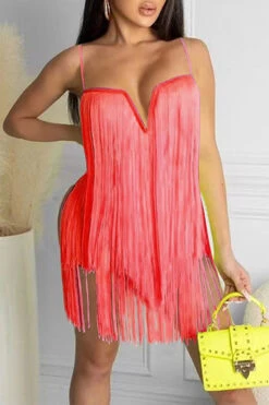 Solid Color Unusual Tassel Mini Dress -Prettytina C21050832 2
