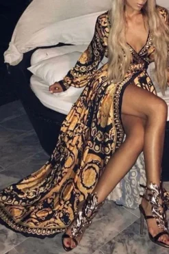 Tribal Print Retro Split Maxi Dress -Prettytina C21062139 2