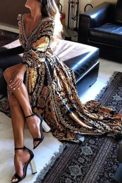 Tribal Print Retro Split Maxi Dress -Prettytina C21062139 3