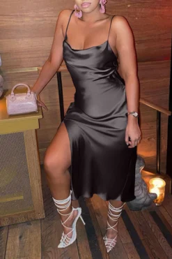 Solid Color Relaxed High Cut Midi Dress -Prettytina C21062319 2 fe5b0c53 5e96 48df 8ea6 2a9f2a884a8f