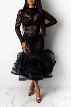 Floral Lace Elegant See-Through Midi Dress -Prettytina C21080613 BK 3