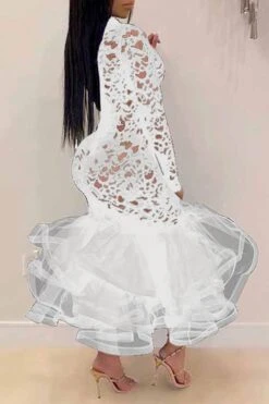 Floral Lace Elegant See-Through Midi Dress -Prettytina C21080613 WH 2