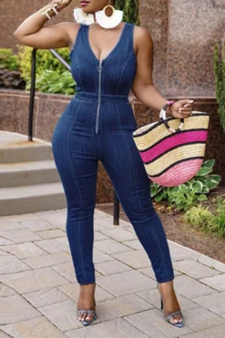 Solid Color On-trend Zip Through Demin Jumpsuit