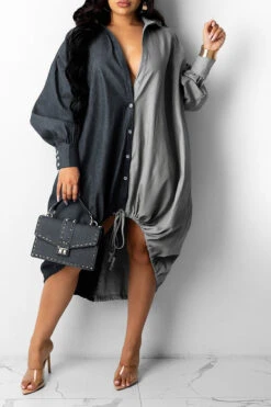 Hit Color On-trend Oversize Single Breasted Midi Dress -Prettytina C21083116 BK 3 8700eef3 518c 4df5 9a11 f876da9a1b22