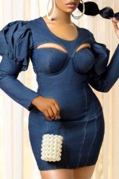 Solid Color Unique Puff Sleeve Cutout Mini Dress