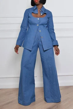 Solid Color Unique Cut-out Pant Suit