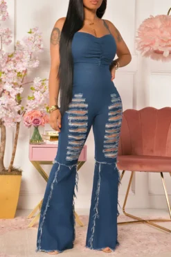 Solid Color Pretty Bell Bottoms Cut-out Jumpsuit