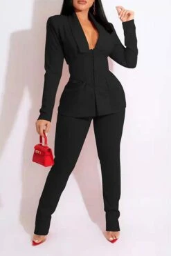 Solid Color Modern Blazer Pant Suit -Prettytina C21111918 BK 2