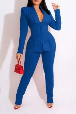 Solid Color Modern Blazer Pant Suit -Prettytina C21111918 BL 2