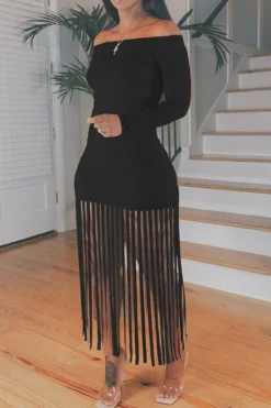 Solid Color Unique Off Shoulder Tassels Midi Dress -Prettytina C21111925 BK 1 1a8f80b2 5fb0 4f66 80e5 0bbd647a5ecc
