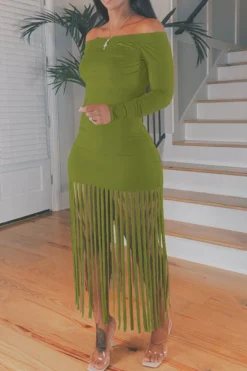 Solid Color Unique Off Shoulder Tassels Midi Dress -Prettytina C21111925 GR 1 904b5d38 2f60 4e37 9554 9e993db76d53