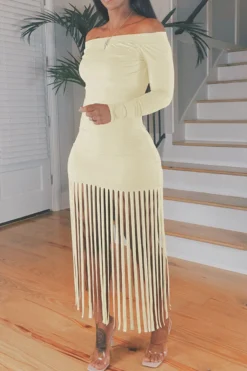 Solid Color Unique Off Shoulder Tassels Midi Dress