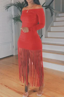 Solid Color Unique Off Shoulder Tassels Midi Dress -Prettytina C21111925 RE 1 db0a2e6f 4ae2 47f8 8b79 b4d1f8366526