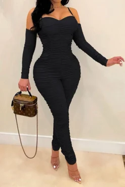 Solid Color Party Pencil Ruffles Jumpsuit -Prettytina C21112310 BK 1