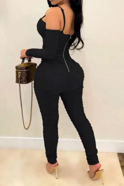 Solid Color Party Pencil Ruffles Jumpsuit -Prettytina C21112310 BK 2