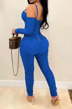 Solid Color Party Pencil Ruffles Jumpsuit -Prettytina C21112310 BL 2