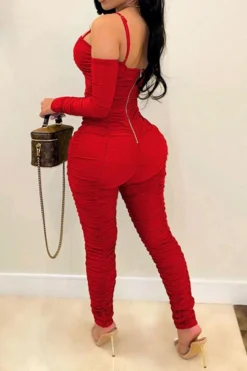 Solid Color Party Pencil Ruffles Jumpsuit -Prettytina C21112310 RE 2