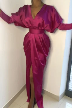 Solid Color Retro Splited Front Wrap Maxi Dress