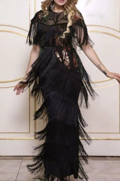 Sequined Party Tiered Tassel Maxi Dress -Prettytina C21122707 BK 1