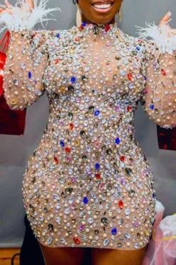 Patchwork Glamorous Feather Rhinestones Mini Dress