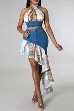 Geometric Print Modern Backless Dress Suit