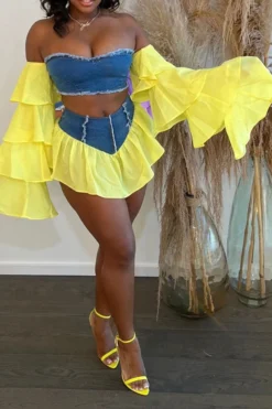 Patchwork On-trend Ruffle Off Shoulder Dress Suit