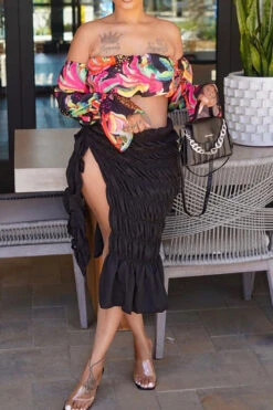 Floral Print Romantic High Slipt Dress Suit 9 Floral Print Romantic High Slipt Dress Suit -Prettytina C22051350 BK 2