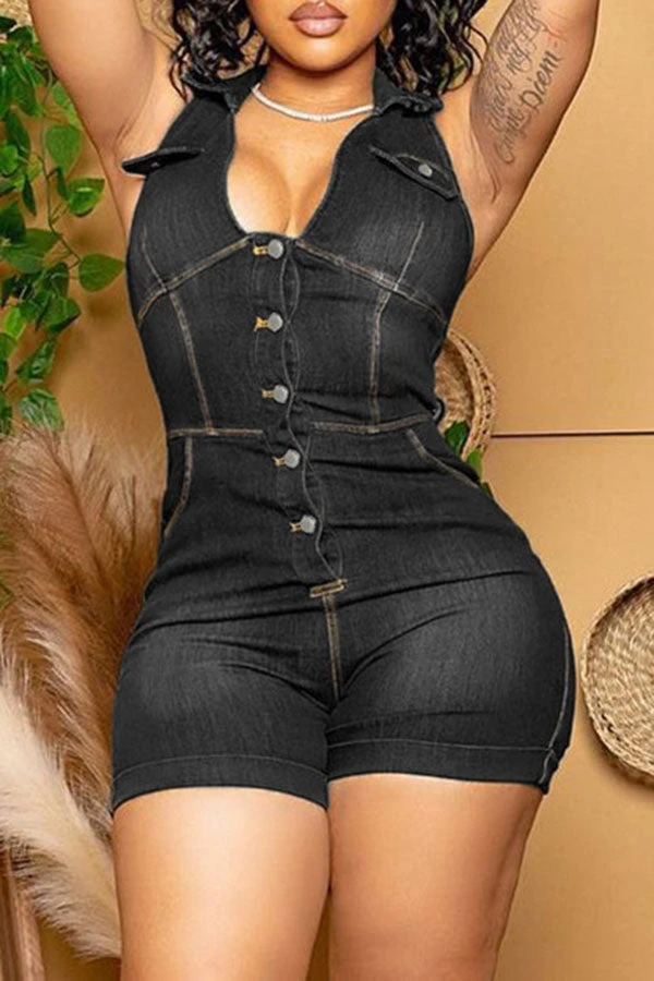 Denim Casual Single Breasted Romper 2 Denim Casual Single Breasted Romper - Image 2